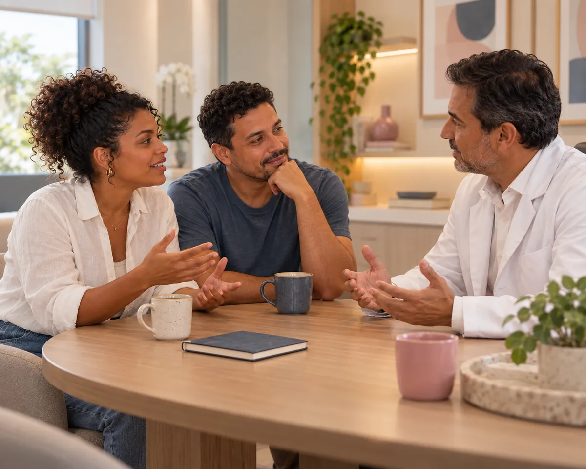 Casal conversa com o médico no consultório, com um caderno sobre a mesa.